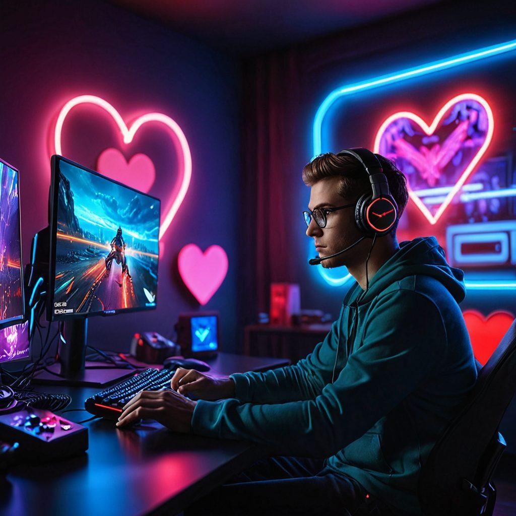 An electrifying scene capturing an intense gaming setup, with neon lights reflecting off modern gaming equipment. Showcase a passionate gamer immersed in their screen, surrounded by soft glowing heart symbols, symbolizing affection in online gambling. The background should have a digital gaming landscape, emphasizing excitement and connection. super-realistic. vibrant colors. 3D.