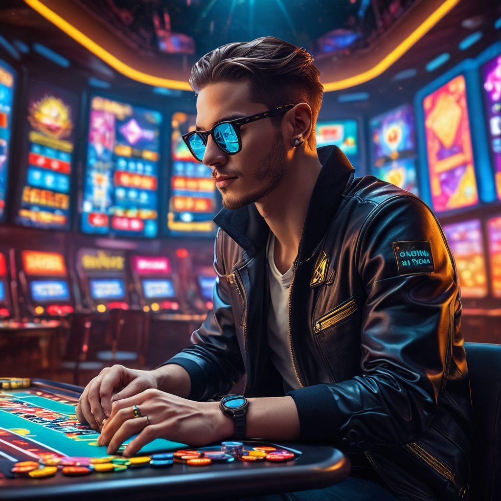A vibrant scene showcasing a skilled poker player at a digital table, surrounded by neon lights and computer screens displaying online gambling platforms. Add symbols of fortune like golden coins and jackpots floating around, with a backdrop of diverse loyalty program rewards. The atmosphere should convey excitement and strategy, emphasizing passion for the game. ultra-modern. cyberpunk. vibrant colors.